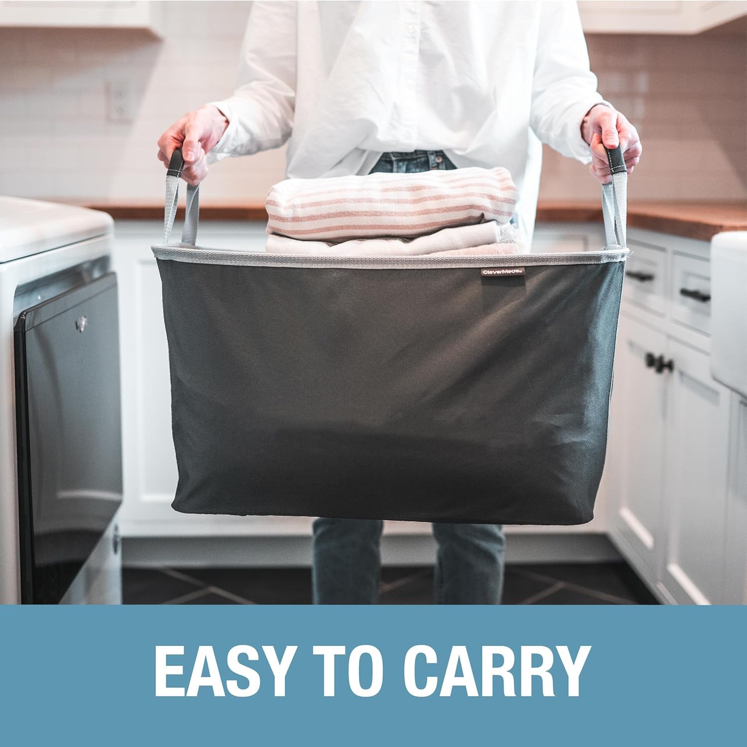 Clevermade Collapsible Fabric Laundry Basket Luxe 2Pk - Foldable Pop Up Storage Organizer - Space Saving Hamper With Carry Handl